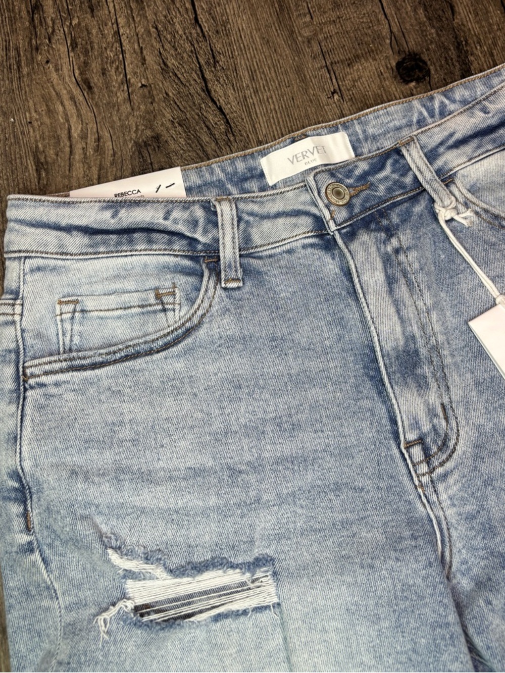 VERVET Blue Rebecca Light Blue Distressed Rolled Hem High Rise Denim Shorts - Picture 6 of 13